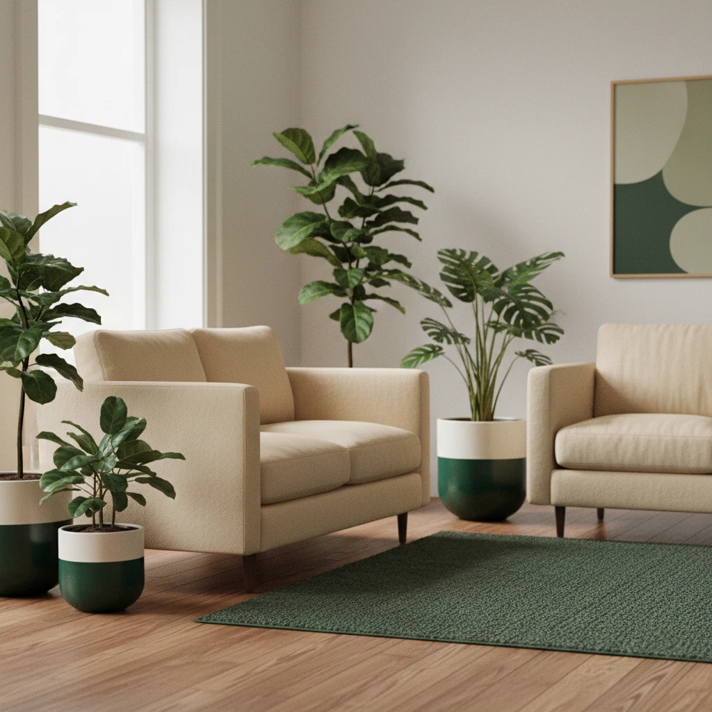 A tidy desk with a notebook, a small plant and a glass of water in a calm office space