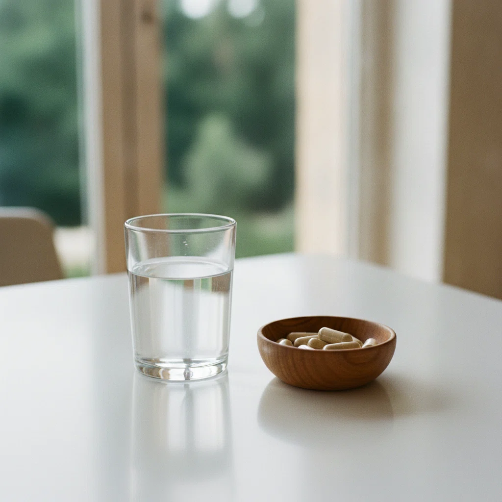 A clear glass of water and a small wooden bowl of capsules on a bright morning kitchen table