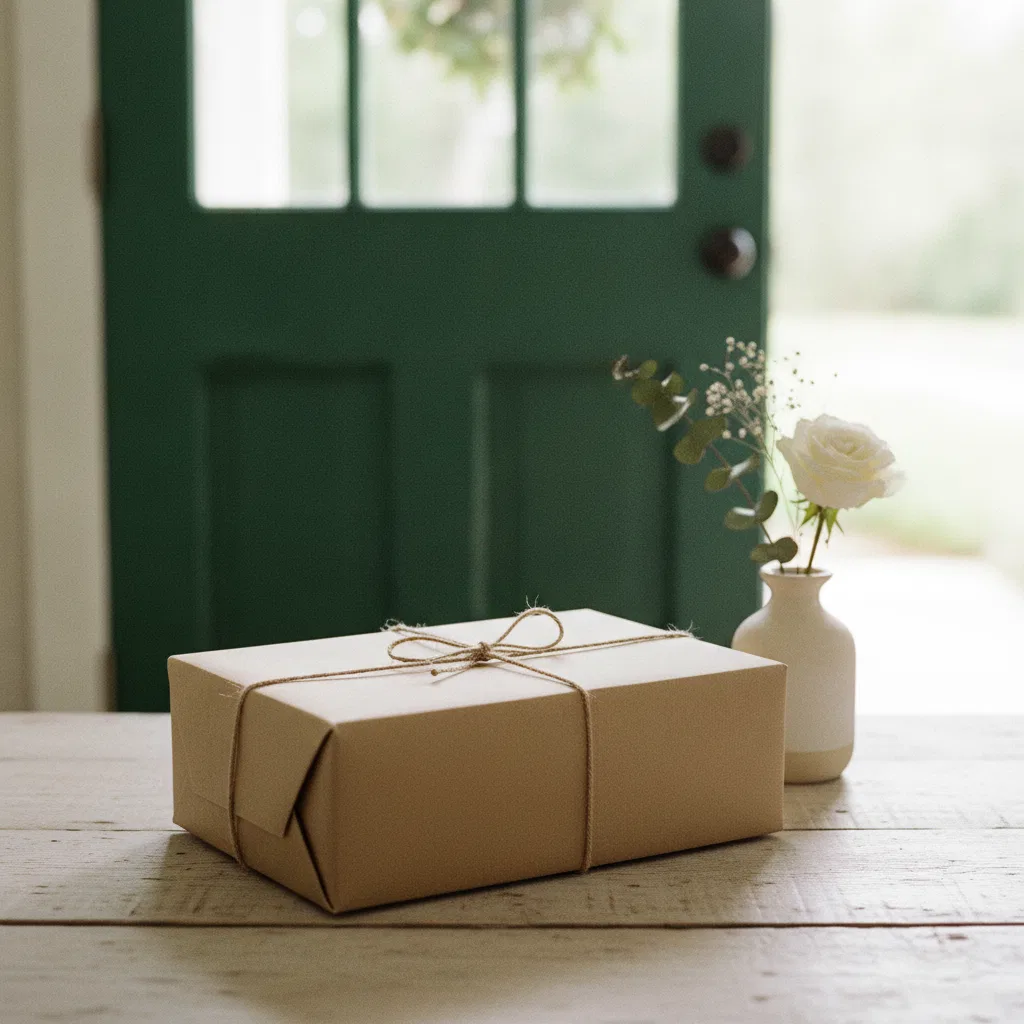 A plain kraft parcel box placed neatly on a doorstep in natural light