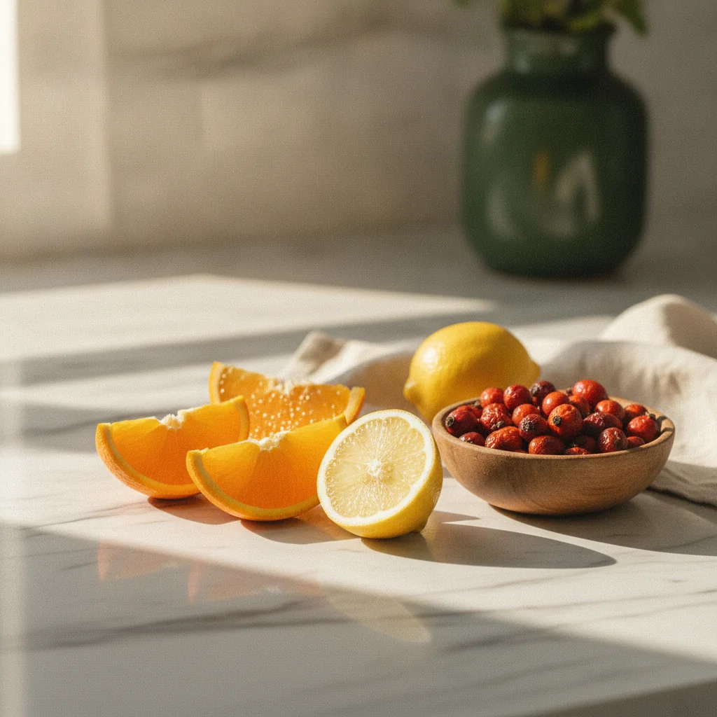 Fresh citrus fruits, leafy greens and mixed nuts arranged on a light stone kitchen surface