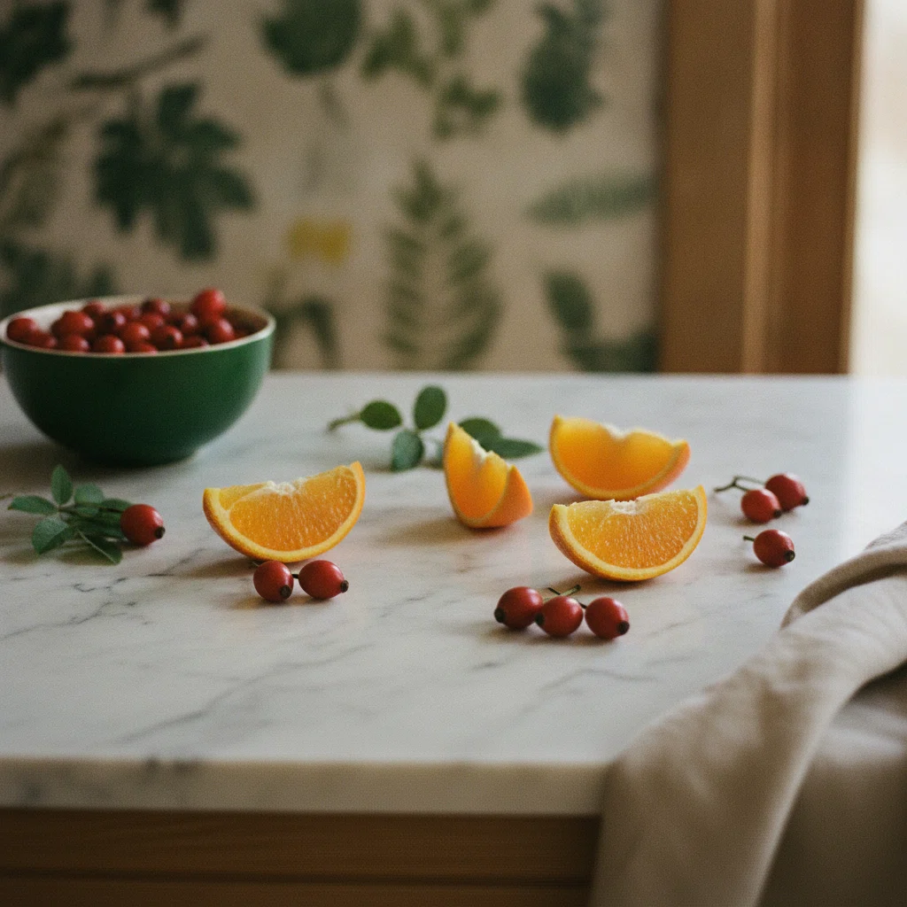 Fresh orange slices and rosehip berries on a light marble kitchen surface