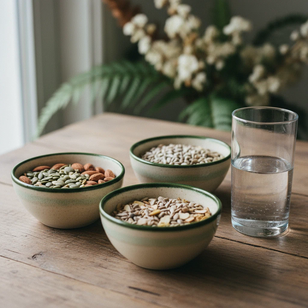 Mixed nuts, sunflower seeds and pumpkin seeds in small ceramic bowls on a wooden table