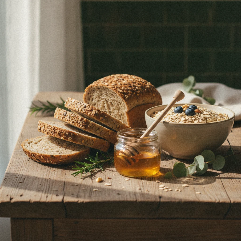 Sliced wholegrain bread, oats in a bowl and a small jar of honey on a rustic wooden surface
