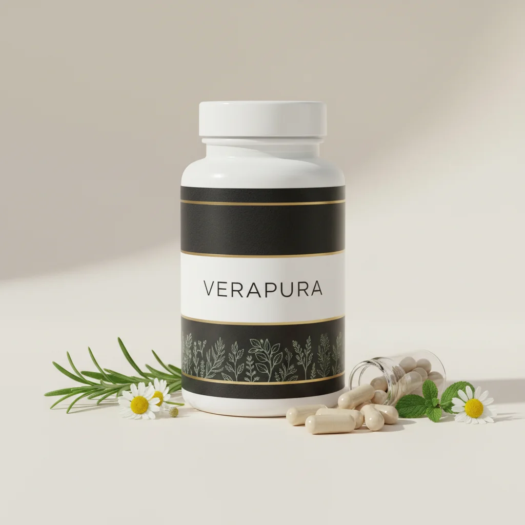 VeraPura frosted glass supplement jar with wooden lid and botanical label